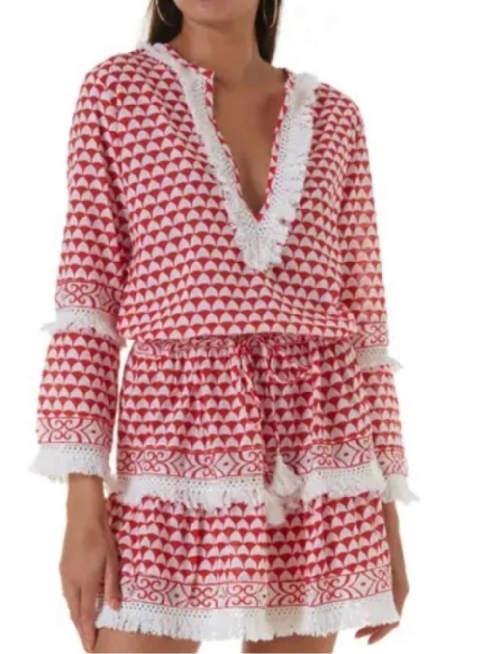 Melissa Odabash Red & White Tassel-Trim V-Neck Coverup